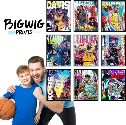 Vista 5 de Bigwig Prints Pósteres de baloncesto para dormitorio de niños, decoración de sala de baloncesto, carteles de la NBA, Steph Curry, arte de pared