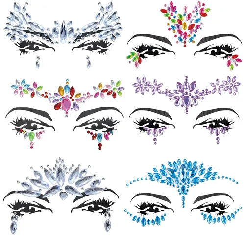 Vista 13 de 6 hojas de joyas para la cara, gemas para la cara, diamantes de imitación autoadhesivos para maquillaje, accesorios para disfraces de festivales