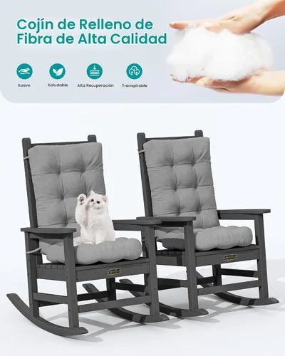 Vista 7 de SERWALL - Juego de 2 cojines para mecedora de polietileno de alta densidad de exteriores, cojín de espuma viscoelástica, color gris oscuro