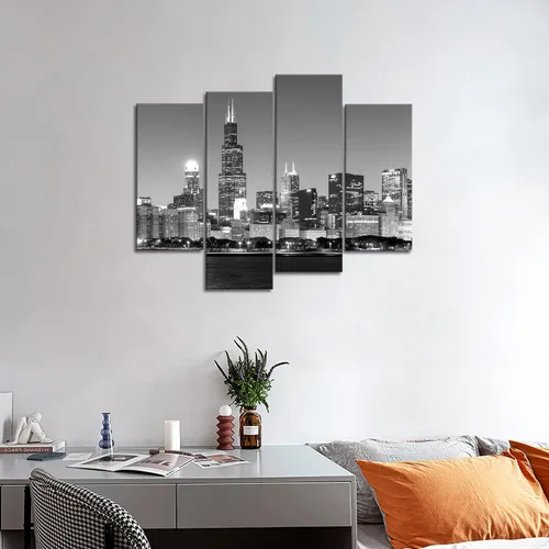 Vista 3 de 4 unidades de pintura de tela moderna arte de pared la imagen para la decoración del hogar, vista panorámica del horizonte de Chicago de noche