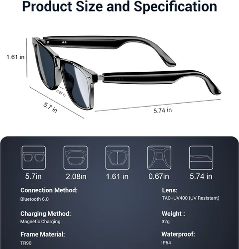 Vista 3 de Blackview Lentes inteligentes, lentes de sol polarizados Bluetooth con altavoz, control de voz, protección UV, lente de luz azul