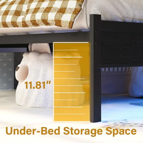 Vista 7 de Marco de cama matrimonial con estación de carga y luces LED, cabecero tapizado en negro con estantes de almacenamiento de 2 niveles, marco de cama