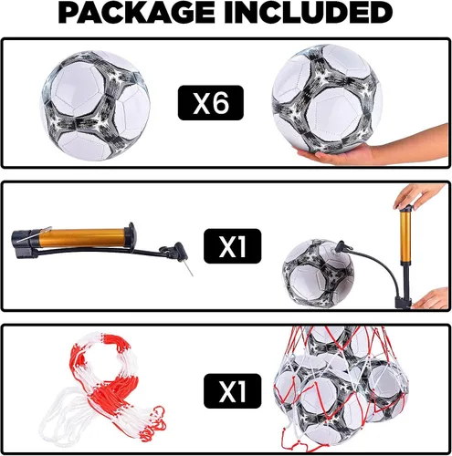 Vista 2 de Paquete de 6 pelotas de fútbol clásicas desinfladas tamaño 3/4/5 con bomba y bolsa de malla para interiores y exteriores, césped, entrenamiento