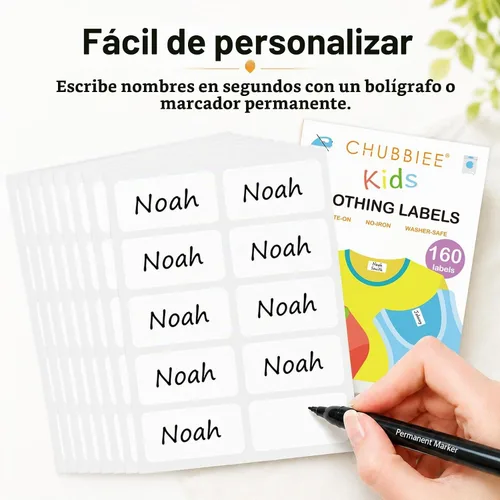 Vista 6 de Etiquetas de ropa para niños multiusos sin planchar, etiquetas de tela autoadhesivas para campamento, escuela, guardería, cuidado de enfermería