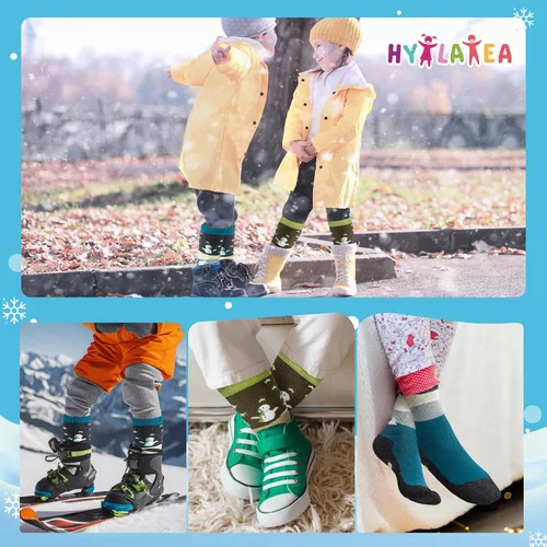 Vista 6 de Hylaea Calcetines de esquí de lana merino para niños, calcetines térmicos cálidos hasta la rodilla para patinaje de snowboard para niños y niñas