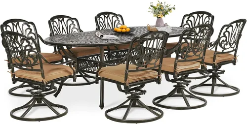 Vista 9 de Juego de comedor de patio de 9 piezas, mesa y sillas de patio al aire libre, mesa de comedor ovalada de aluminio fundido de 84 pulgadas con agujero