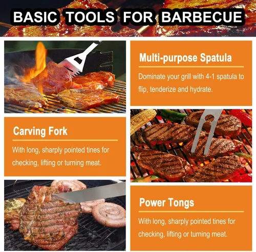 Vista 4 de Grilljoy Juego de 24 herramientas para parrilla de barbacoa con termómetro de carne e inyector, tenedor de acero inoxidable extragrueso, espátula