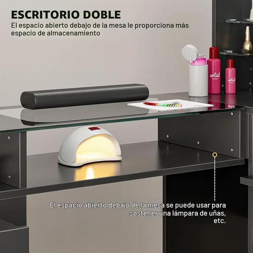 Vista 9 de Mesa de manicura en forma de L con estantes, estación de mesa de uñas con parte superior de cristal, resistente a acetona, con cajones de Negro