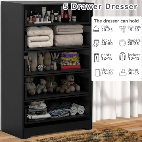 Vista 6 de GEPELCN Cómoda para dormitorio con tomas de corriente, cómoda de madera con 5 cajones con gran espacio de almacenamiento, cómoda negra con riel