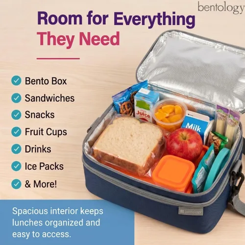 Vista 4 de Bentology Insulated Lunch Bag Cooler Tote Double Decker w Adjustable Strap Blue Grey