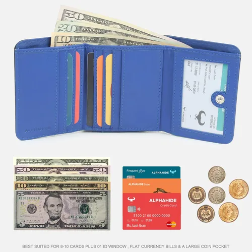Vista 6 de AlphaHide Billetera de tres pliegues para mujer, cartera de tarjetas de crédito para mujer, monedero con cremallera, RFID