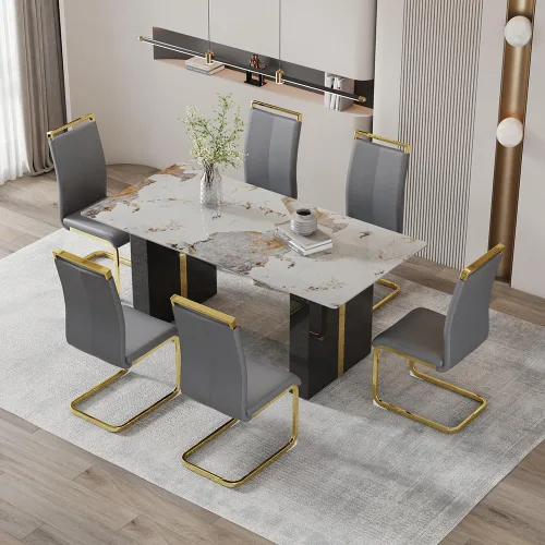 Vista 21 de Mesa de comedor moderna para mesa de comedor de mármol sintético blanco de 6, 8, 71 pulgadas, con patas negras y doradas, mesa de cocina rectangular