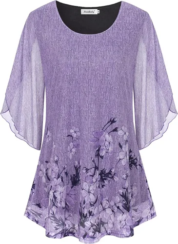 Vista 3 de Ninedaily Blusas de manga 34 para mujer, estilo casual, de doble capa, de malla, tipo túnica