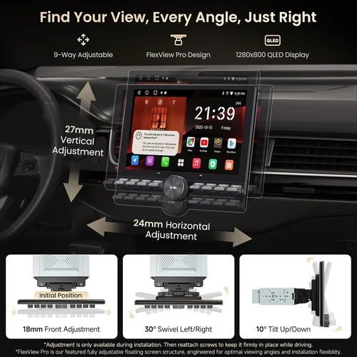 Vista 10 de Estéreo para automóvil Single/Doble DIN - Pantalla táctil flotante QLED de 10.1 pulgadas con botón, inalámbrico CarPlay/Android Auto