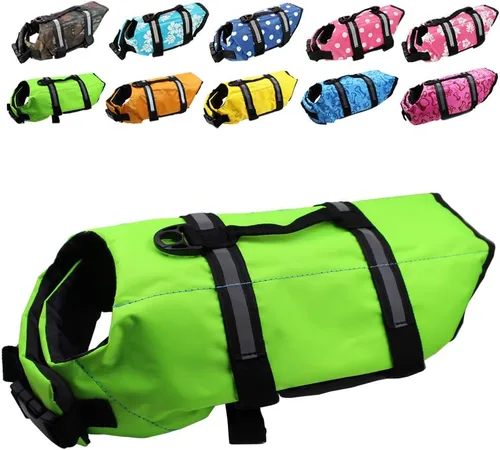 Vista 15 de Chaleco salvavidas para perros de fácil ajuste con cinturón ajustable para proteger las mascotas, traje de baño de seguridad para nadar con rayas