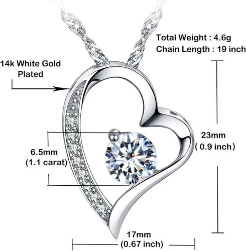 Vista 5 de Collar con corazón colgante de plata de ley y chapado de oro blanco de 14K