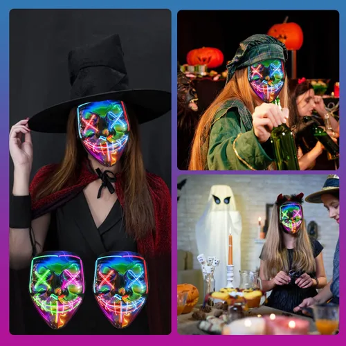 Vista 5 de CHAOYU - Máscara de Purga de Halloween con luz LED máscara facial aterradora que brilla con 3 modos de luz disfraz para hombres y mujeres fiesta
