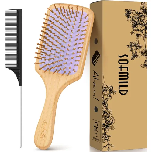 Vista 8 de Sofmild Juego de cepillos de pelo de bambú natural para mujeres, hombres y niños, cepillo desenredante para cabello grueso y rizado y húmedo Negro