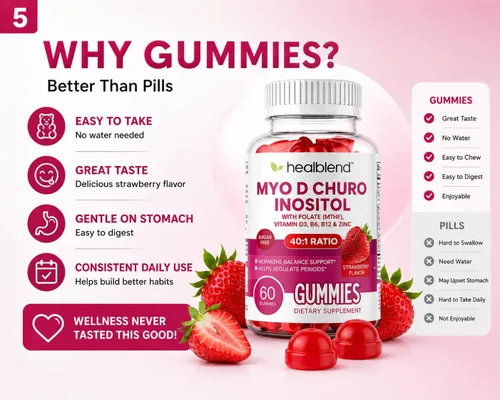 Vista 6 de healblend Myo & D-Chiro - Gomitas de inositol – Apoyo de SOP para mujeres, equilibrio hormonal, fertilidad y ovulación – con metilfolato, vitamina