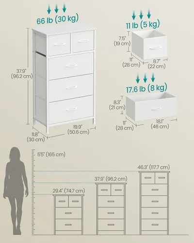 Vista 2 de SONGMICS Cómoda alta para dormitorio, 5 cajones de tela con marco de acero Blanco nube