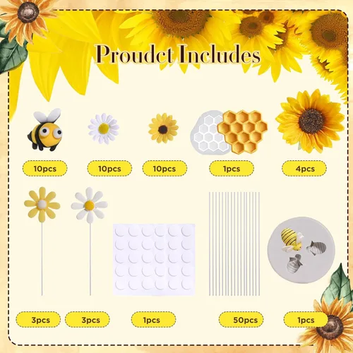 Vista 4 de RAYNAG 44 decoraciones para pasteles de abeja y girasol, juego de adornos de pastel de abeja de girasol para decoraciones de fiesta de cumpleaños
