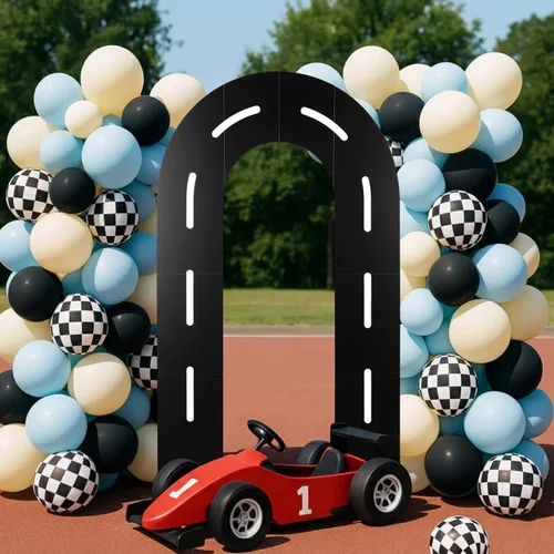 Vista 7 de Zhanmai Decoración de fondo para fiesta de carreras, soporte de arco de pista de carreras en forma de U con bolsa de agua ponderada, juego de tabla