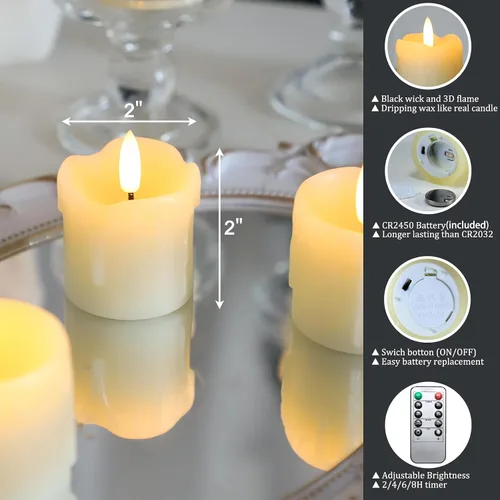 Vista 7 de Lezonic - Velas votivas sin llama operadas por batería con control remoto y temporizador, paquete de 6 (D:2" X H:2") velas LED de cera fluctuante