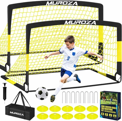 Vista 11 de Portería de fútbol, juego de porterías de fútbol para niños para patio trasero, paquete de 2 redes de fútbol portátiles desplegables con pelota