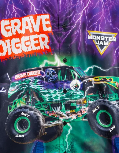 Vista 4 de Monster Jam Camisa hawaiana abotonada para toda la familia, diseño Grave Digger, desde niños pequeños hasta adultos