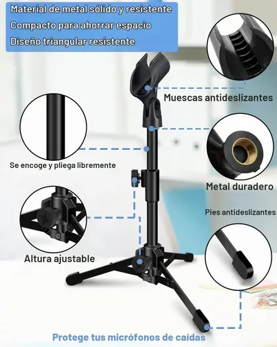 Vista 3 de Soporte de Micrófono de Escritorio Portátil Trípode Plegable con Soporte de Clip de Micrófono y Tornillo Macho de 5/8 Pulgadas a Hembra de 3/8