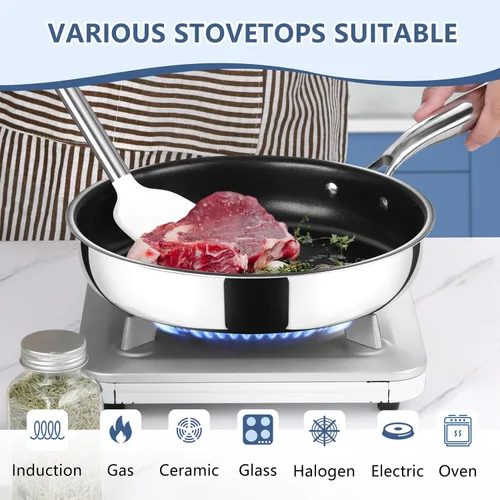 Vista 7 de TeamFar - Sartén antiadherente de acero inoxidable de 3 capas de 10 pulgadas Egg Omelet Pan with Long Handle, for Induction Gas Glass Ceramic