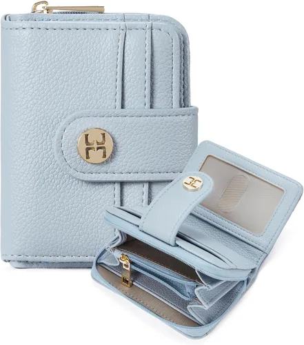 Vista 11 de Telena Cartera delgada para mujer, con bloqueo RFID, tarjetero de cuero con llavero plateado, color beige