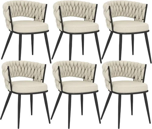 Vista 14 de Juego de 2 sillas de comedor tejidas, modernas sillas de comedor tejidas a mano con patas de metal negro, sillas tapizadas con marco negro