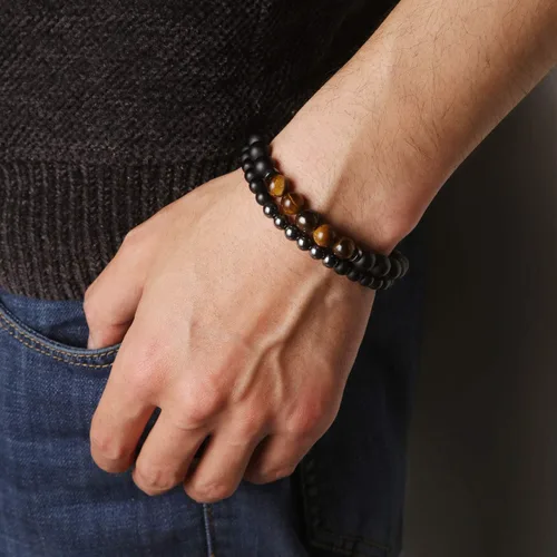 Vista 4 de Roman Ventures - Juego de 2 pulseras para hombre, hematita y ágata negra mate con ojo de tigre o piedra de lava negra pulsera de hematita pulsera