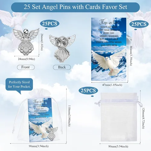 Vista 2 de Geosar Juego de 25 pines conmemorativos de ángel, fichas de bolsillo funerarias, guardián, ángel, tarjetas de poema con bolsas de organza, regalos