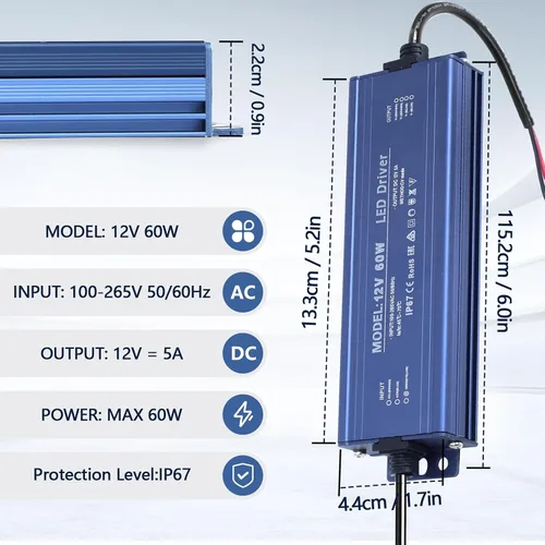 Vista 2 de Transformador LED de 12 V 60 W impermeable IP67, controlador LED ultra delgado de 110 V CA a 12 V CC 5 A 60 vatios convertidor de bajo voltaje LED