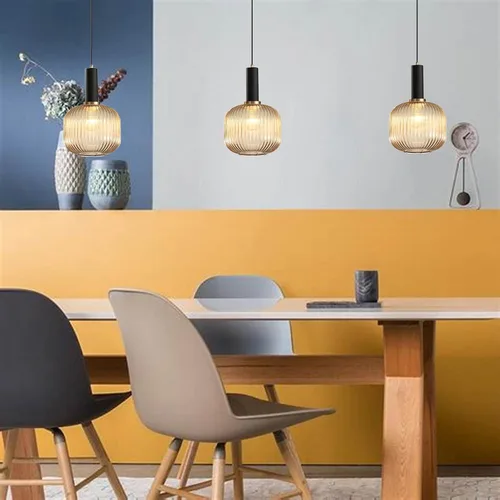 Vista 2 de Lámpara colgante negra y pantalla de luz a rayas de vidrio, iluminación colgante moderna para isla de cocina, casa de campo, luces colgantes