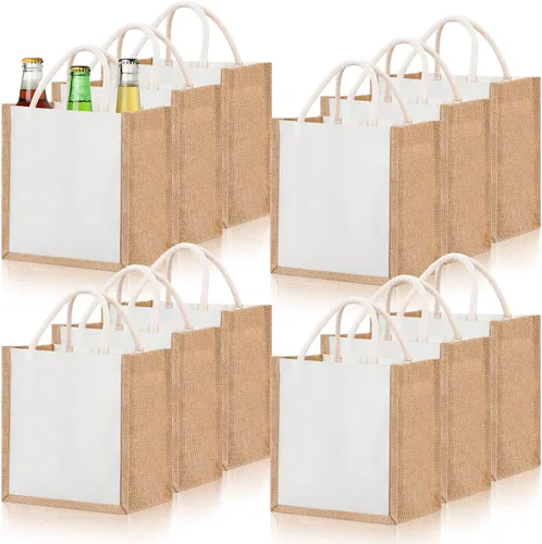 Vista 11 de 12 Piezas Bolsas de Arpillera Mini Bolsas de Yute Reutilizables con Asas Pequeña Lona en Blanco Regalo Impermeable para Boda Playa Bricolaje