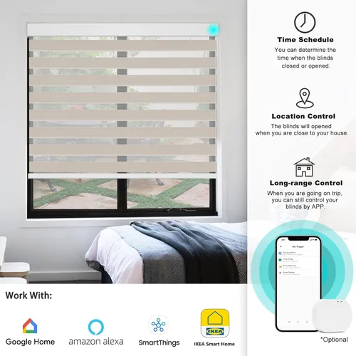 Vista 5 de Changshade - Persianas motorizadas inteligentes de cebra, con control remoto para ventanas de interior, panel solar eléctrico