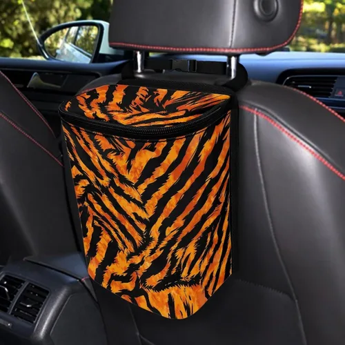 Vista 2 de Renewold Bote de basura para automóvil, con estampado de tigre y animales, ajustable, portátil, con tapa, para SUV, camioneta, sedán, camión, bolsa