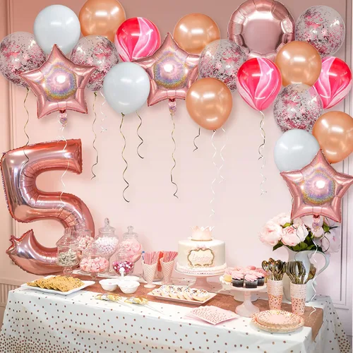 Vista 4 de Decor365 Globos de oro rosa, decoración de fiesta de oro rosa, confeti, rosa, blanco, oro rosa, guirnalda de globos para cumpleaños, boda