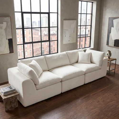 Vista 6 de Sofás de nube beige para sala de estar, sofá deshuesado de 3 plazas, sofá modular seccional, no requiere montaje, tapizado de chenilla, moderno