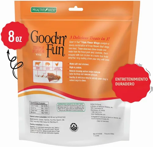 Vista 2 de Good 'n' Fun Alas Masticables de Triple Sabor para Todos los Perros, 8 Onzas, Consiente a tu Perro con Masticables de Larga Duración Hechos