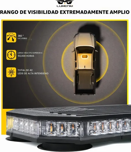 Vista 3 de LUMENIX - Barra de luces estroboscópicas LED de 42 luces ámbar para techo, montaje magnético, luz de advertencia de emergencia, tráfico intermitente