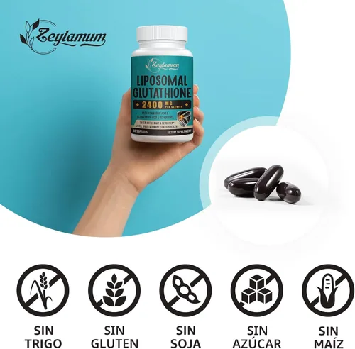 Vista 7 de Cápsulas blandas de glutatión liposomal de 2400 MG, absorción máxima, forma activa de L-glutatión reducido (GSH), con ácido hialurónico