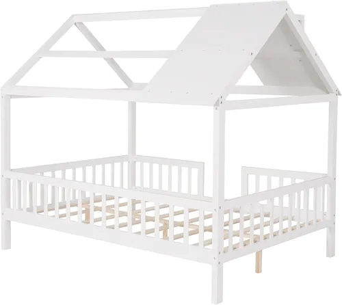 Vista 9 de Merax Cama de casa completa para niños, marco de cama matrimonial de madera en forma de casa, marco de cama con ventanas de techo y barandillas
