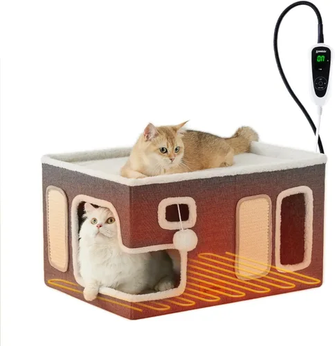 Vista 17 de ZOMISIA Casa térmica para gatos de interior – Cama grande de calentamiento para gatos para invierno con bola esponjosa colgante y almohadilla