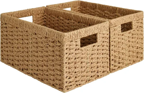 Vista 12 de StorageWorks Cesta de mimbre con asa, cestas de almacenamiento de mimbre para organizar, cestas de almacenamiento decorativas para estantes, cuerda