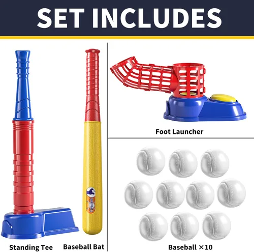 Vista 6 de TEMI Juego de pelota de béisbol 2 en 1 para niños de 3 a 8 años, juego de pelota de béisbol para niños con 10 bolas, máquina de lanzar, camiseta