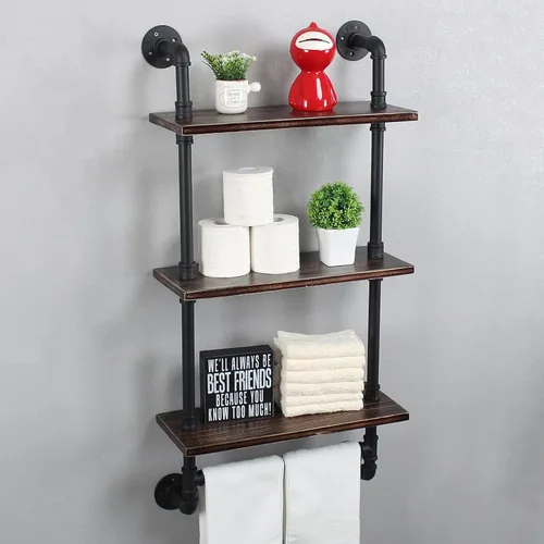 Vista 15 de MBQQ Estante de tubería industrial para baño, estantes montados en la pared, estante de madera rústica de 19.6 pulgadas con toallero, toallero